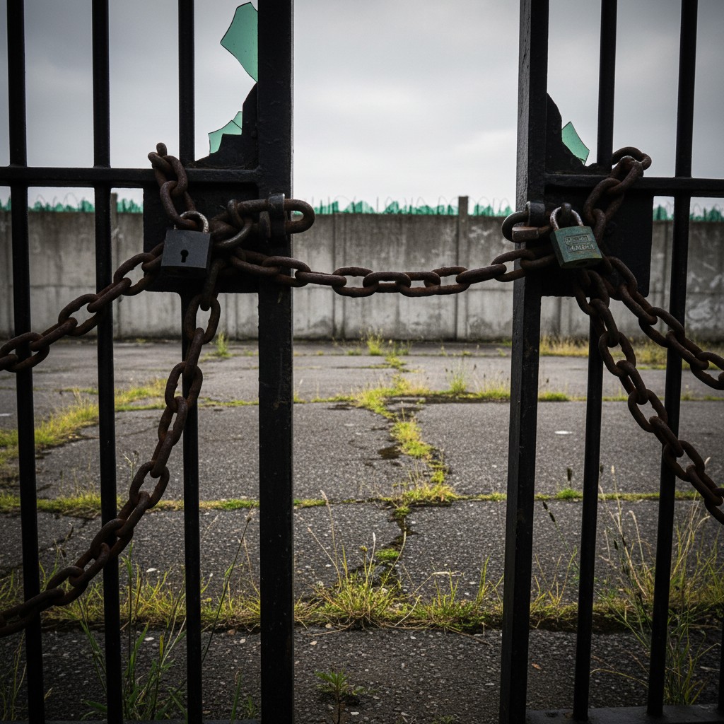 Un'entrata bloccata da catene in un parcheggio abbandonato.